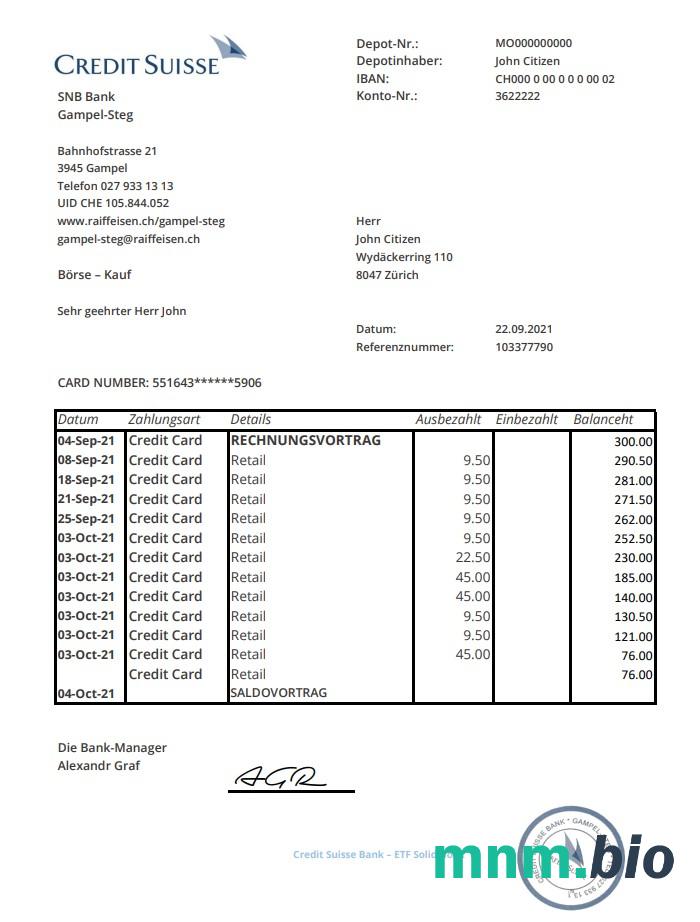 Szwajcaria Credit Suisse Bank dowód adresu szablon wyciągu w formacie Word i PDF